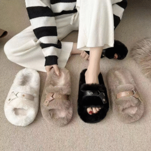 Plush Leather Detail Slippers